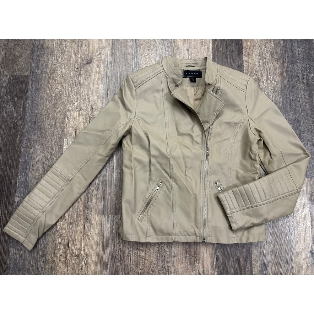 Metaphor Womens Beige Faux Leather Moto Jacket Asymmetrical Zip Quilted Tan L
